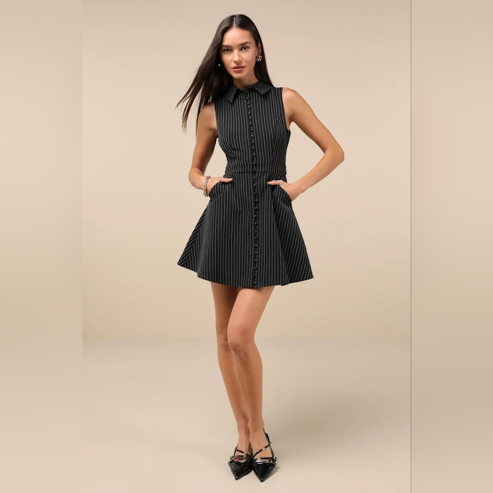 Lulus Totally Poised Black Pinstriped Collared Mini Dress With Pockets - Picture 3 of 7